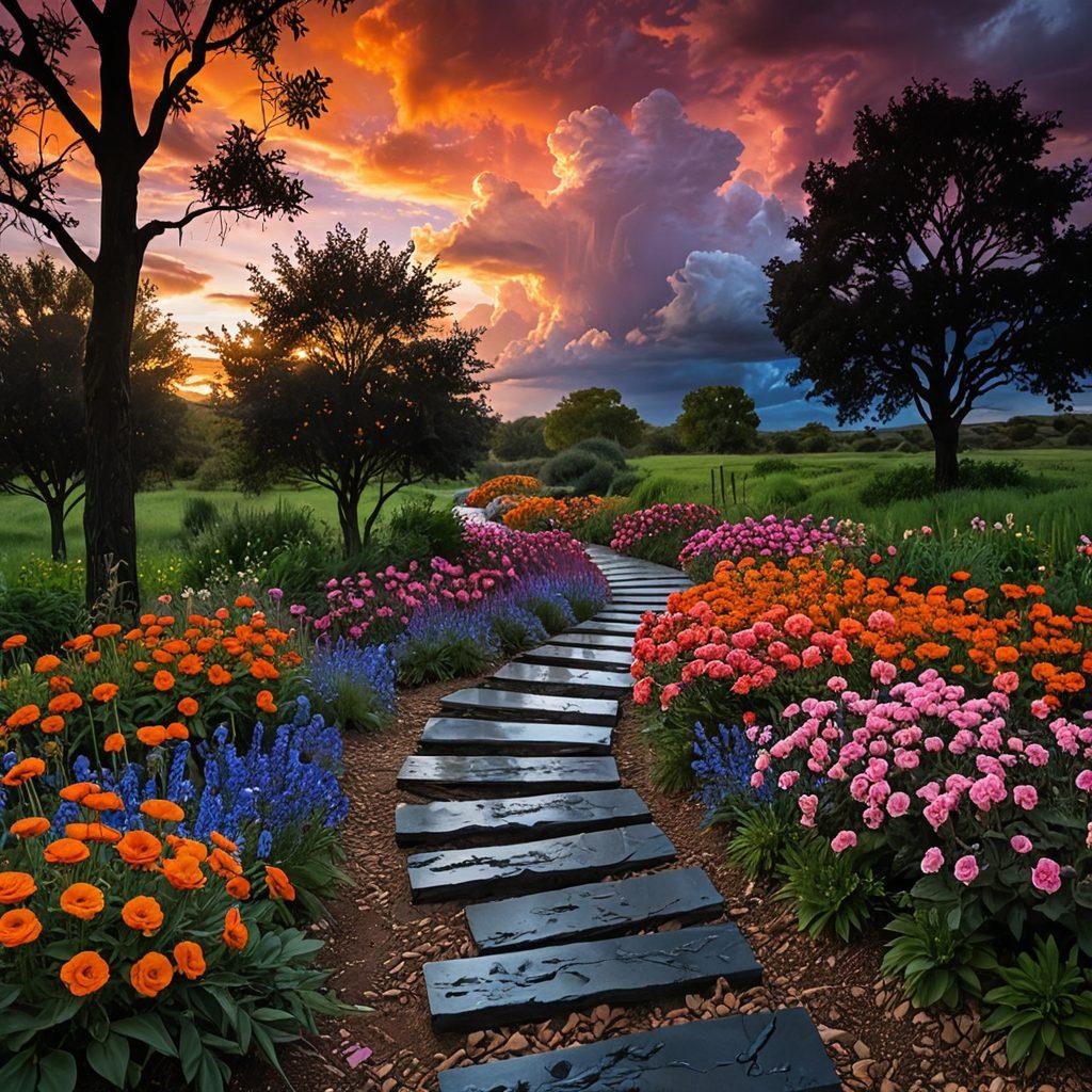A winding, symbolic path illustrating the journey from a shadowy, dark landscape filled with storm clouds and rain to a bright, serene garden filled with vibrant flowers and clear skies. Along the path, figures represent different emotional states like sorrow, confusion, and finally peace and understanding. Incorporate elements like a sunset to signify hope and transformation. surrealistic elements, vibrant colors, 3D depth.