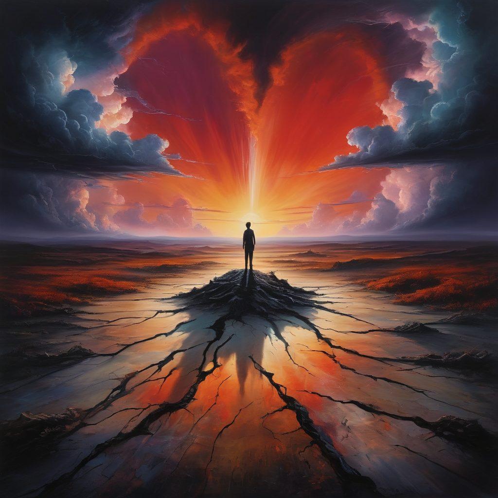 A powerful visual representation of a cracked earth landscape symbolizing emotional turmoil, with stormy clouds swirling above, and a human silhouette standing in the center holding a glowing heart, representing hope amidst sorrow. Vivid colors contrasting between dark and light elements to illustrate the duality of pain and resilience. surrealist style. vibrant colors.
