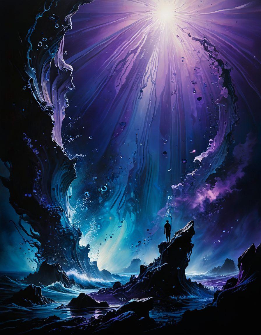 An abstract representation of deep ocean waters, with swirling dark blues and purples symbolizing sorrow and emotional turmoil. Distant light rays breaking through the surface, illuminating fragments of broken glass resembling shattered emotions. Silhouettes of diverse figures exploring the depths, searching for solace. Ethereal bubbles rising towards the light, signifying hope and healing. surreal, vibrant colors, painterly textures.